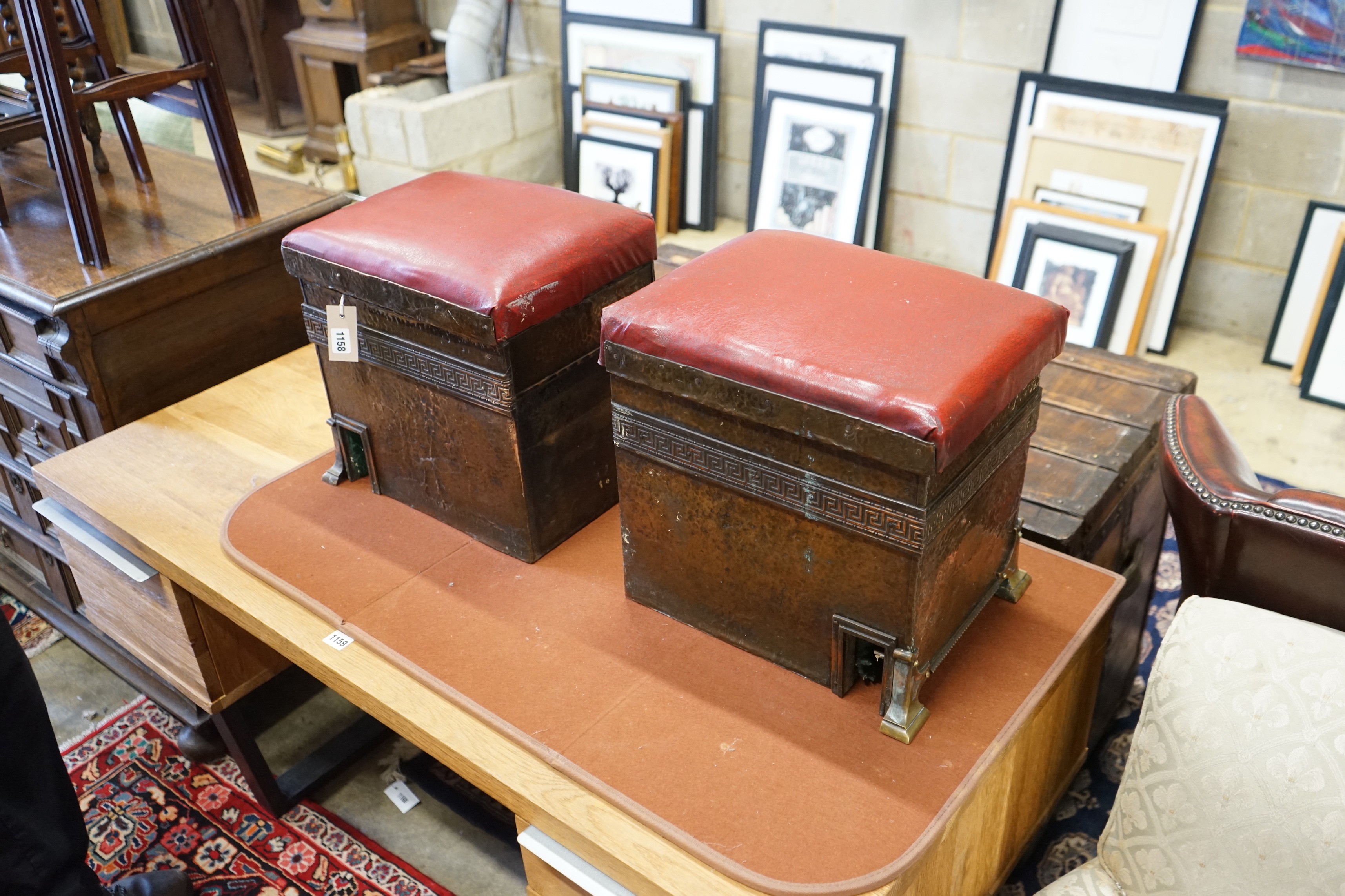 A pair of early 20th century hammered copper fender stools, each width 28cm, depth 37cm, height 36cm